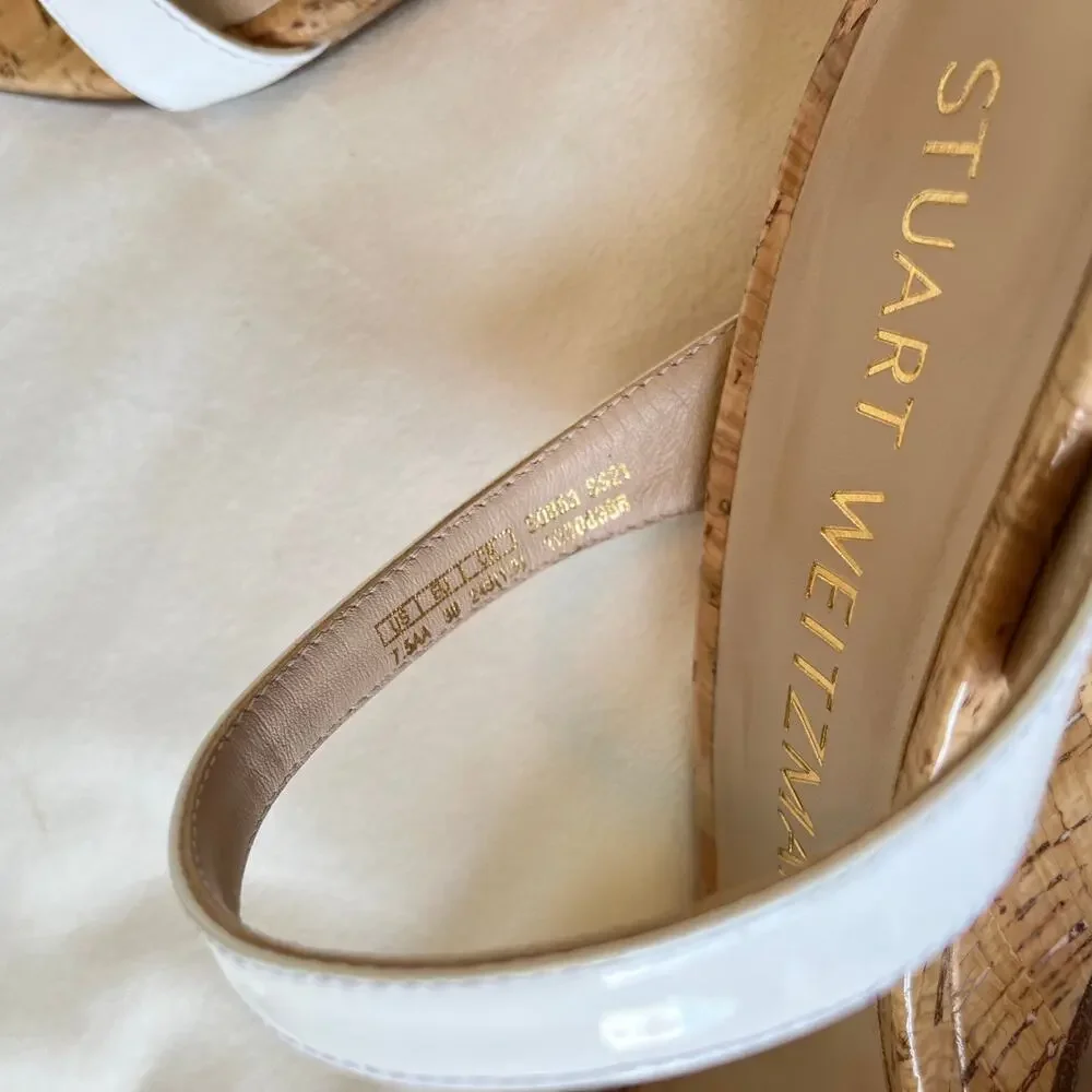 Stuart‎ Weitzman Aleena Wedge Heel Sandals 7.5 Narrow White Patent Leather Cork - Picture 6 of 13